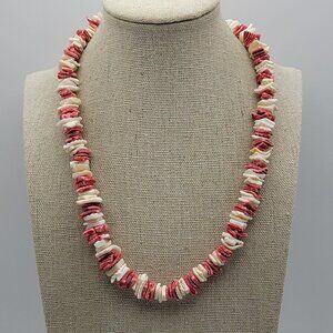 Vintage Red And White Striped Puka Shell Necklace 18 Inch Made In Philippines